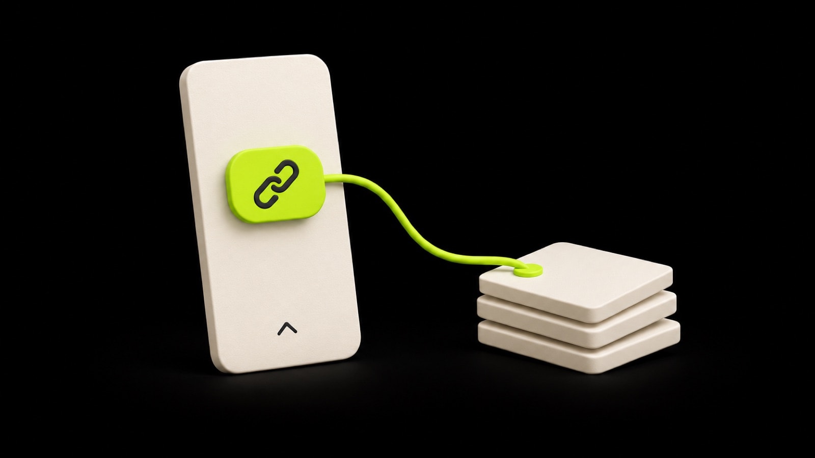 A story-shaped card with a lime link sticker wired to a stack of link cards