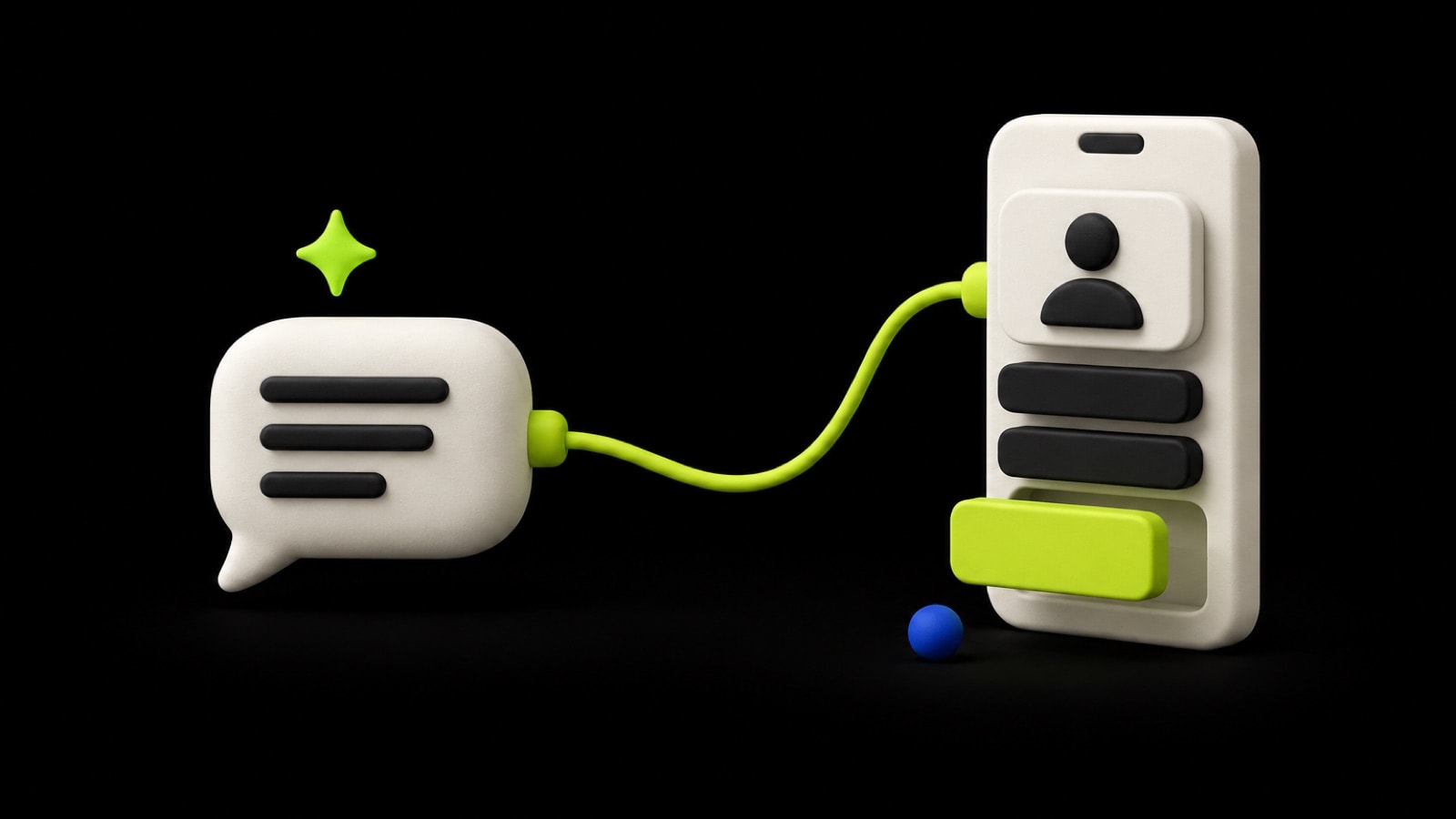 A chat bubble wired to a phone page that is assembling itself from blocks