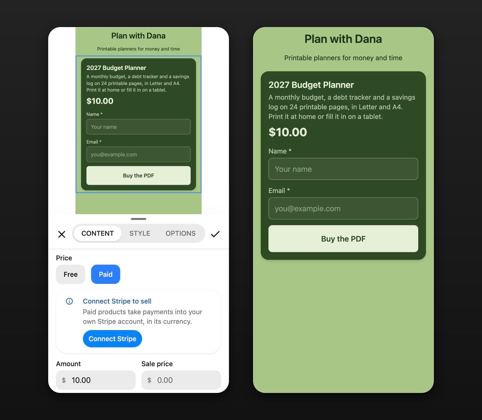 The Stick editor with a Digital Product block set up for a $10 printable PDF planner, next to the same product as a buyer sees it