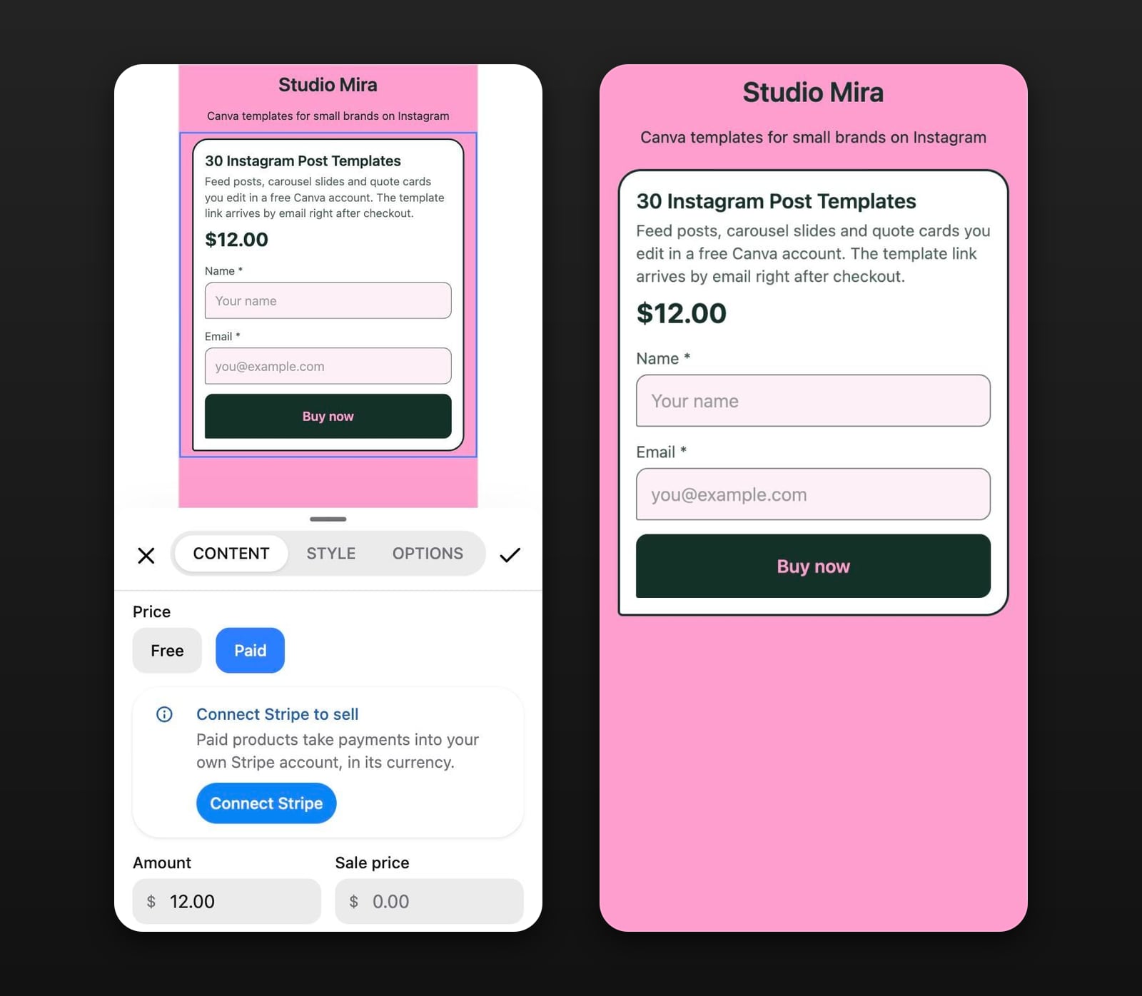 The Stick editor with a Digital Product block set up for a $12 pack of Canva templates, next to the same product as a buyer sees it