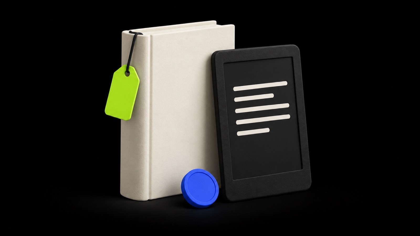 A printed book with a price tag beside an e-reader showing lines of text