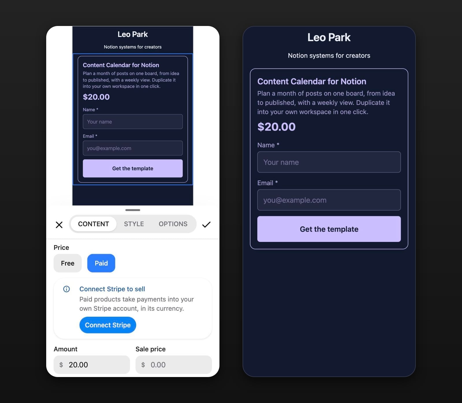 The Stick editor with a Digital Product block set up for a $20 Notion template, next to the same product as a buyer sees it