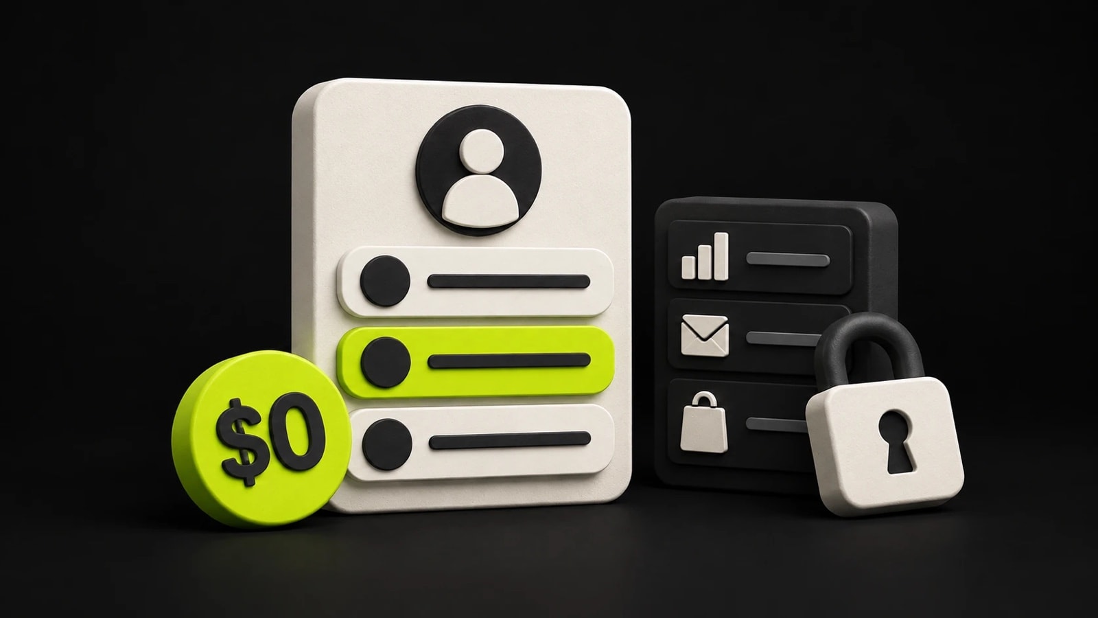 A link page priced at $0 beside a padlocked panel of analytics, email and shop features