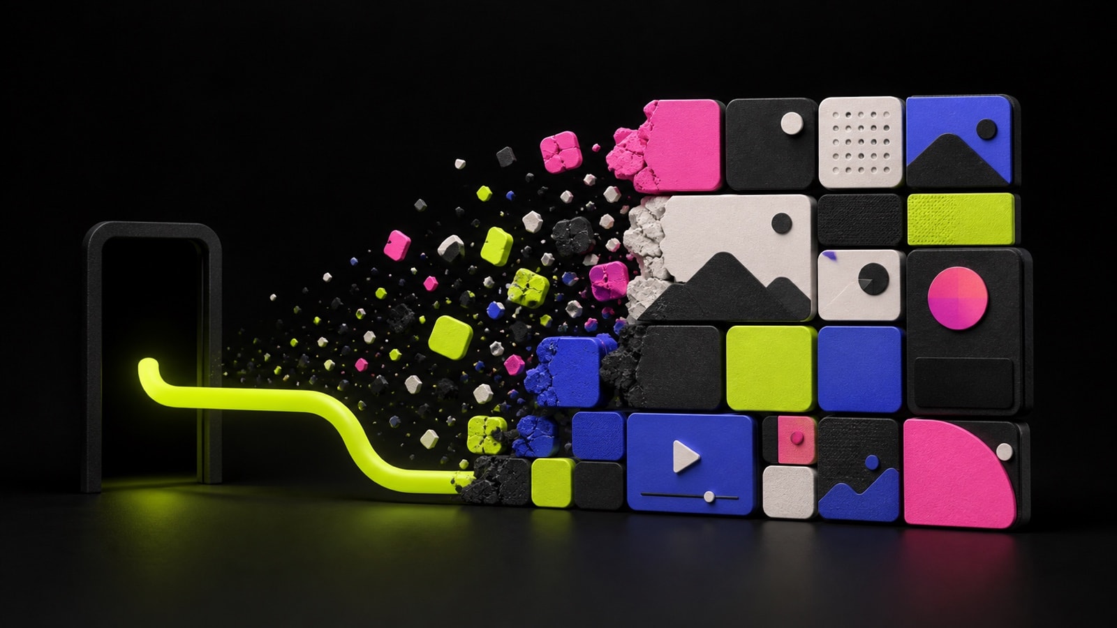 A colorful grid of media tiles breaking apart beside a redirect path