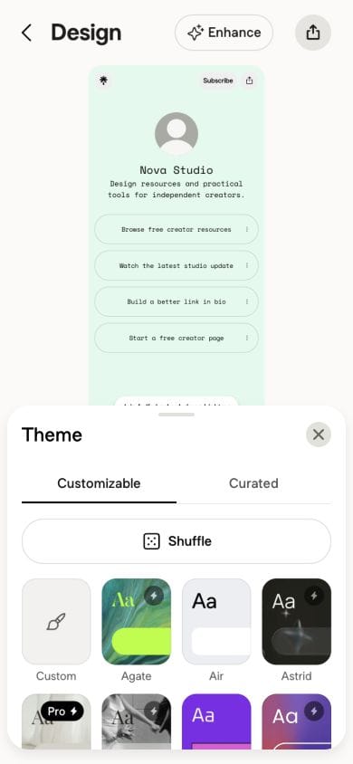 Theme picker in our Linktree Free account showing free choices and themes marked for paid plans