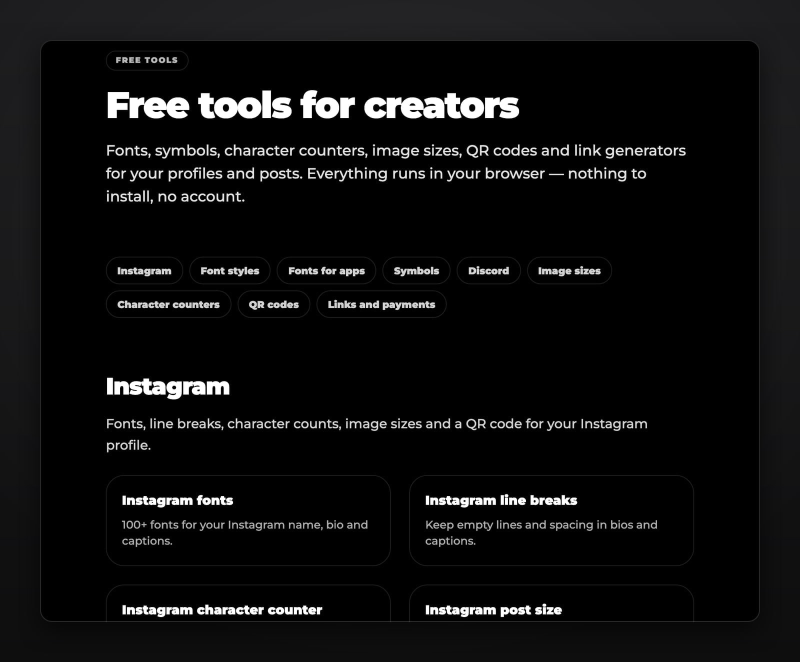 The Free tools for creators page on stick.so with categories for Instagram, font styles, symbols, character counters, QR codes and links