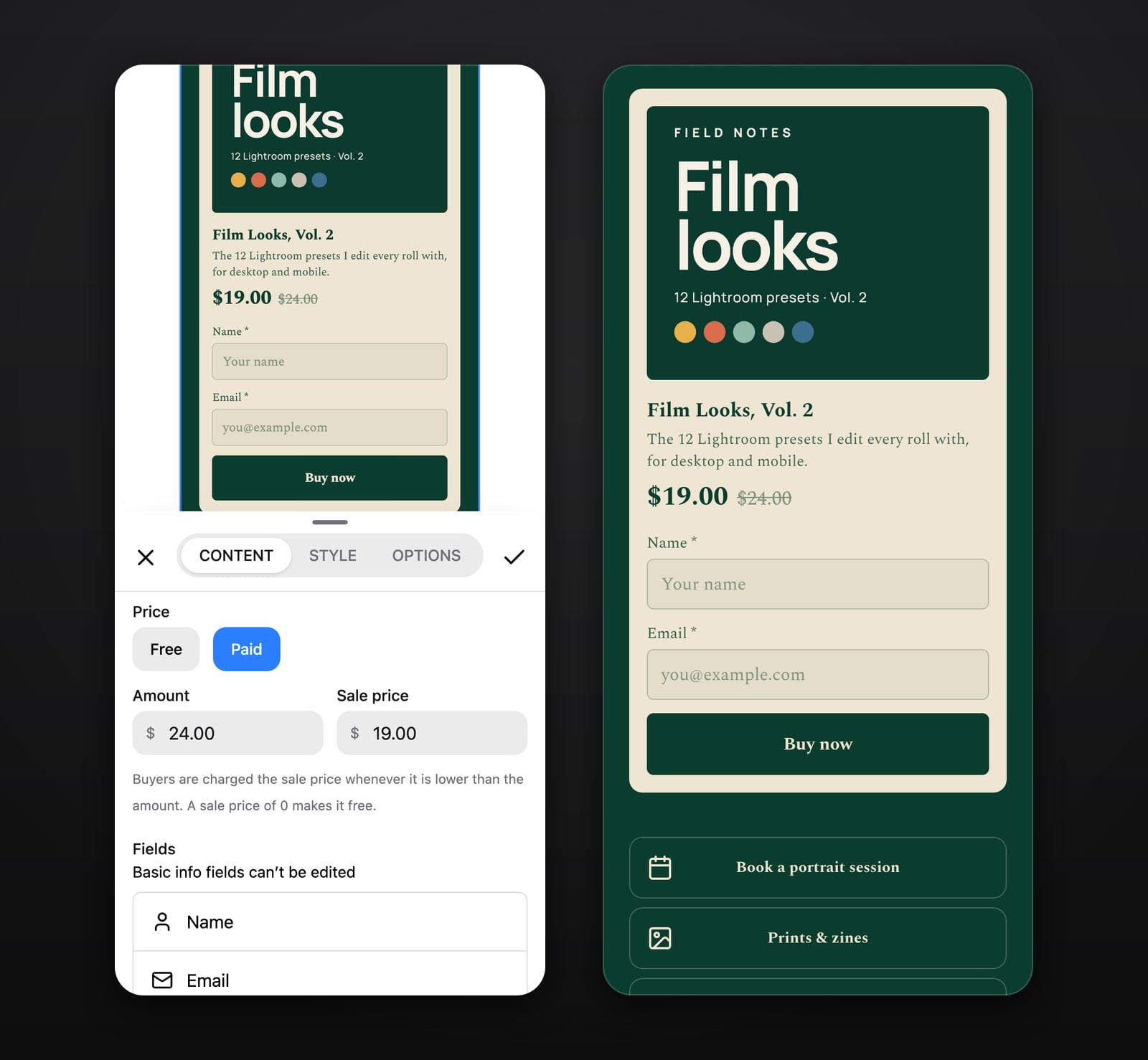 The Digital Product editor with a $24 price and a $19 sale price, next to the same product on a published page