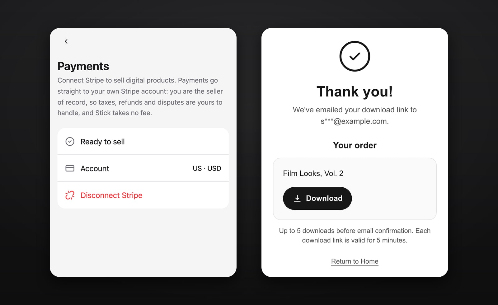 Stick's Payments settings with a connected Stripe account that is ready to sell, next to a buyer's thank-you page with a Download button