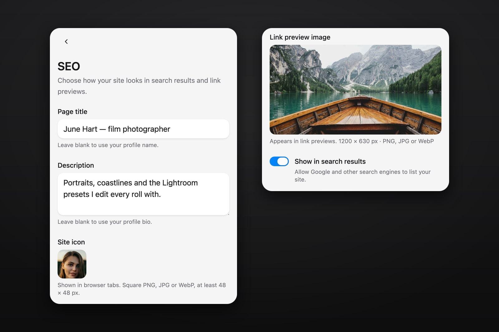 Stick's SEO settings with a page title, a description, a site icon, a link preview image and a Show in search results switch