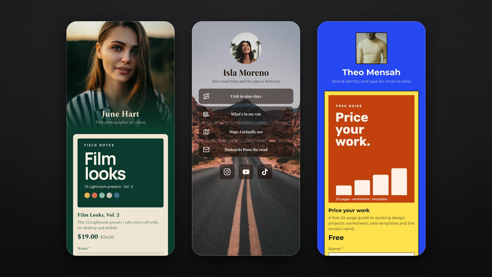 Three Stick pages on phones: a photographer selling presets, a travel page over a desert road photo and a designer offering a free guide