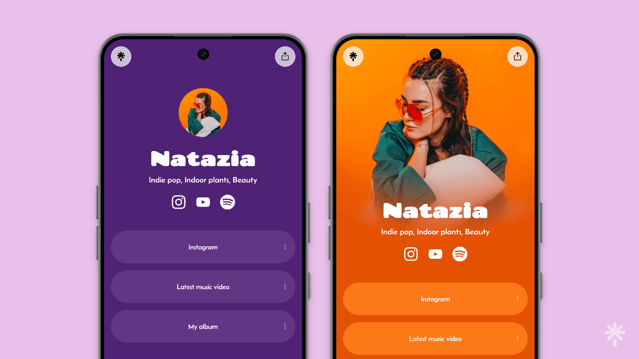 Linktree’s Classic header with a circular profile image beside its larger Hero header