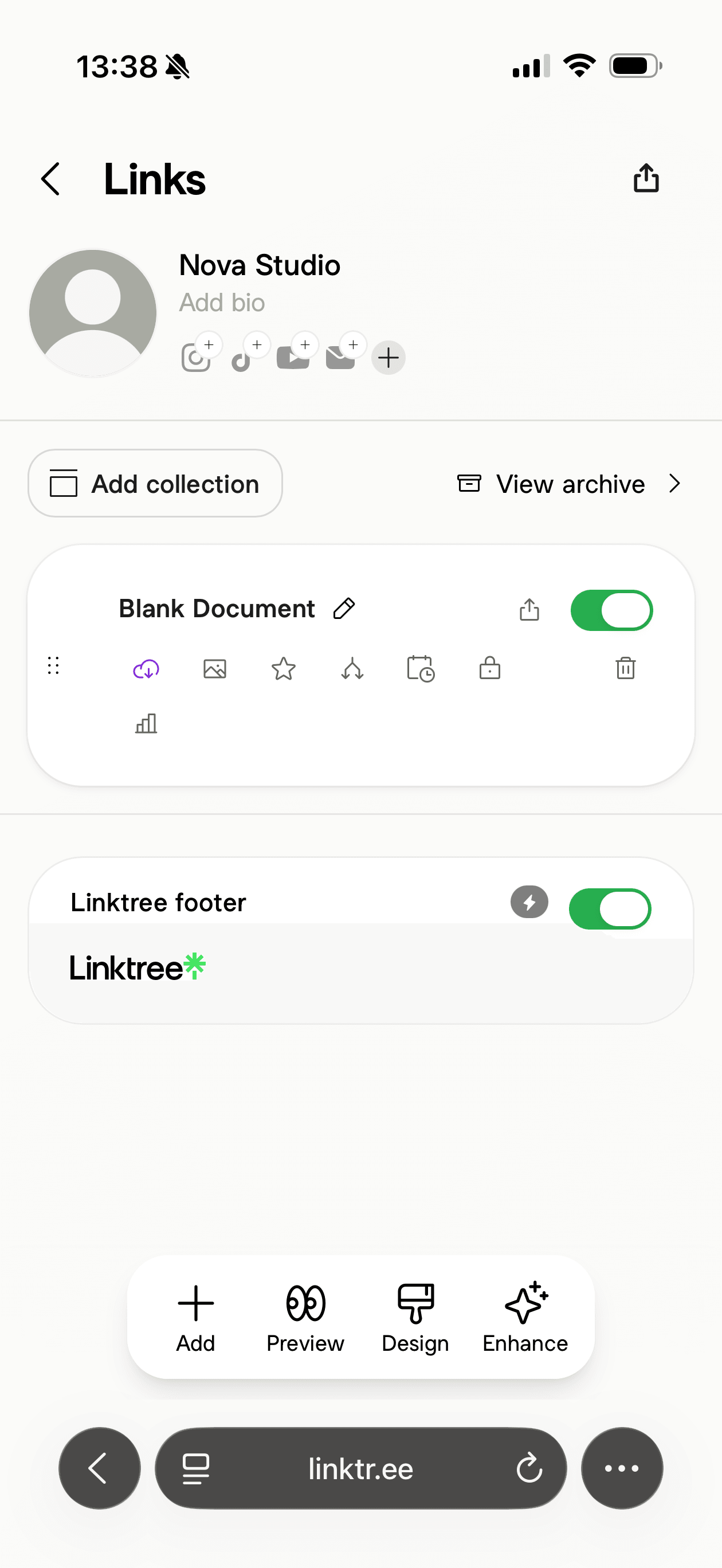 Linktree mobile Links screen for Nova Studio, showing a link entry, management controls and a separate Preview button