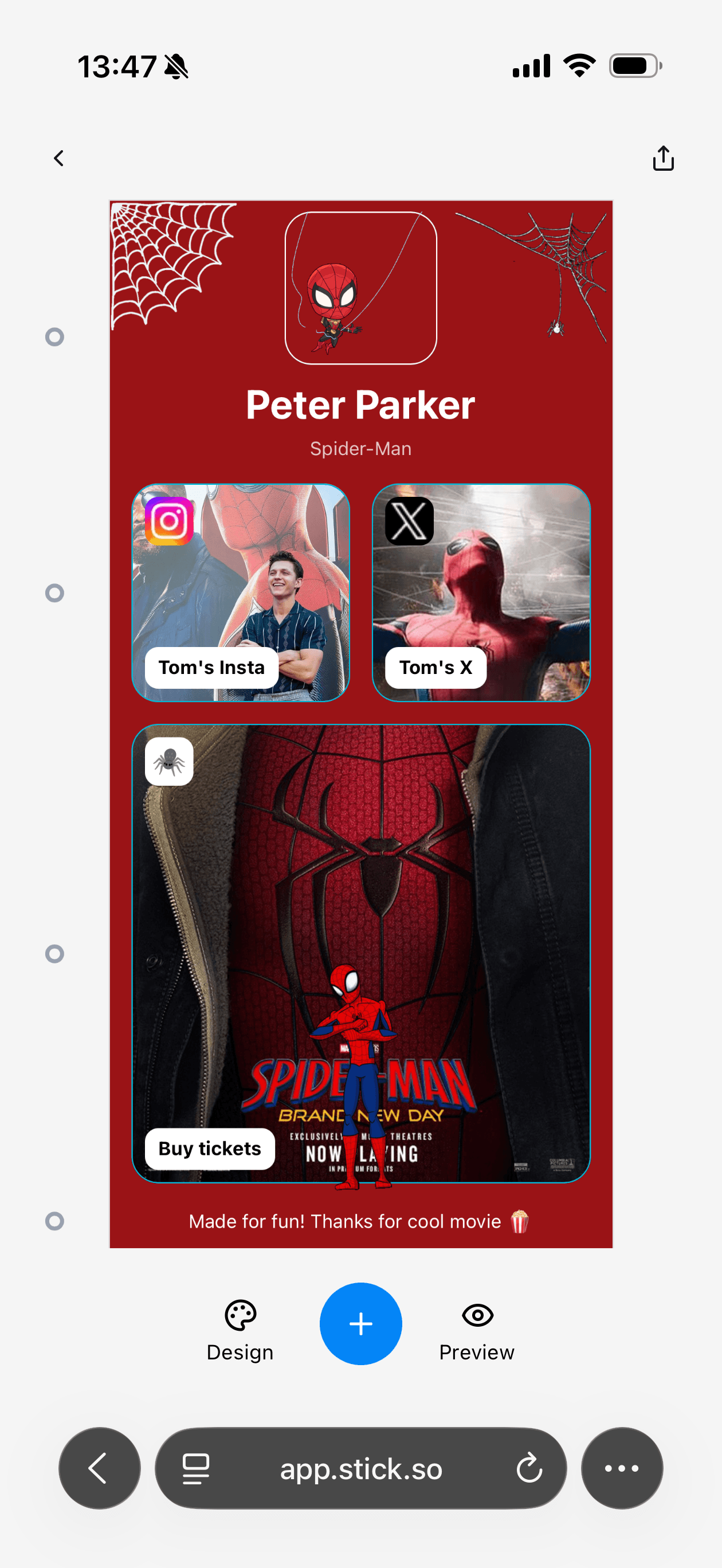 Stick mobile visual editor with a fan-made Spider-Man page, image cards in two columns, custom colors and stickers